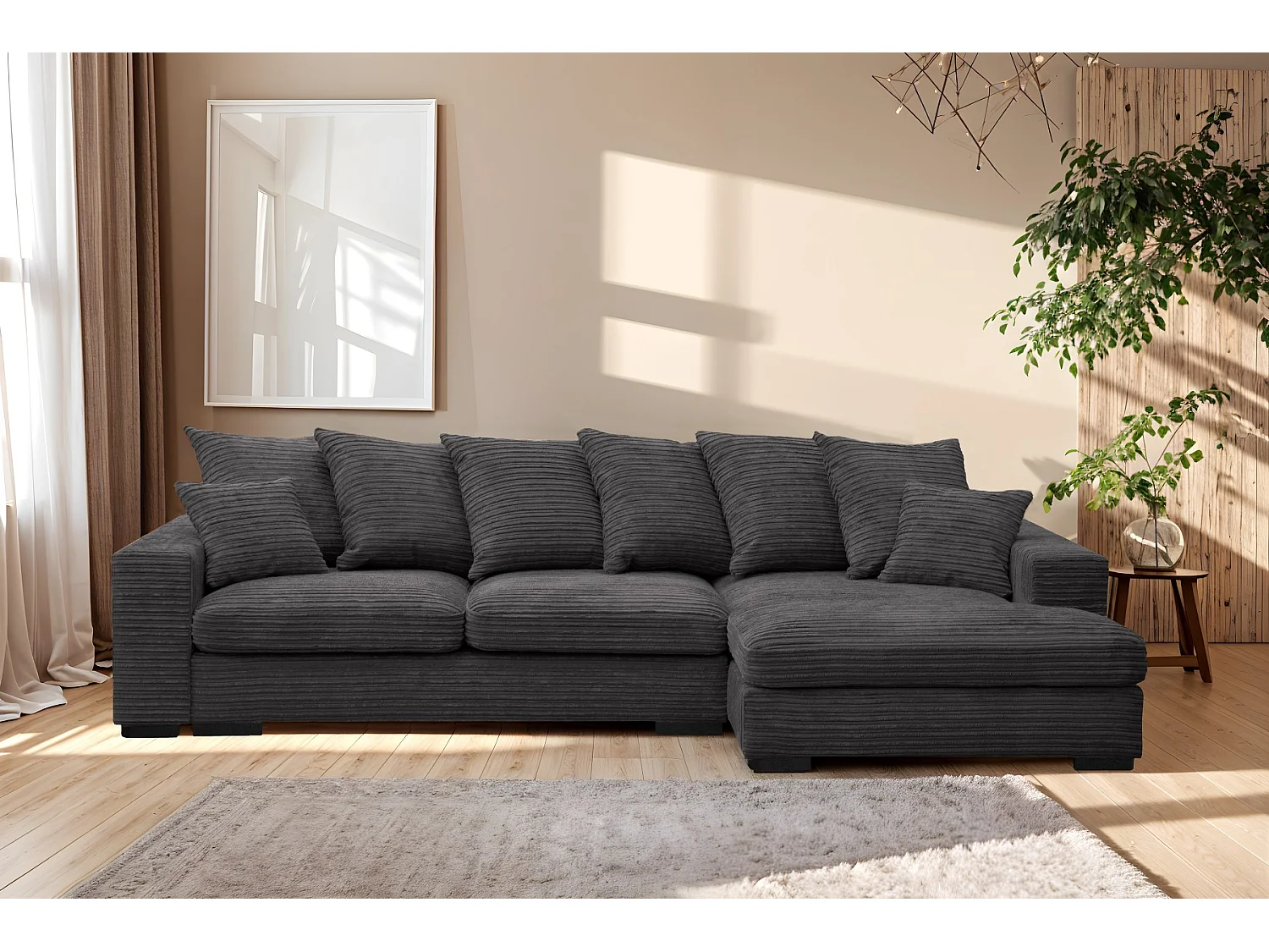 Canapé d'angle avec fonction couchage et coffre de lit, Canapé forme L, Canapé forme L tissu Gabon Zoom Graphite Droite