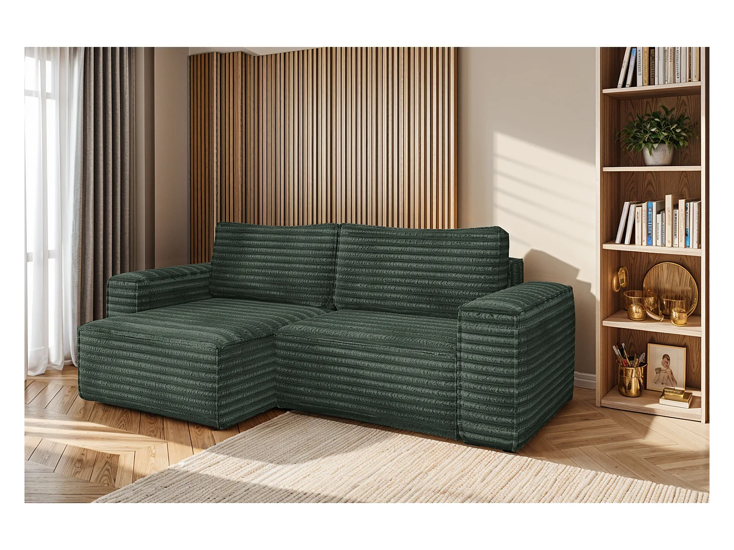 L-förmiges Bohoo-Ecksofa mit Schlaffunktion, Stoff Velo, Grün, Links