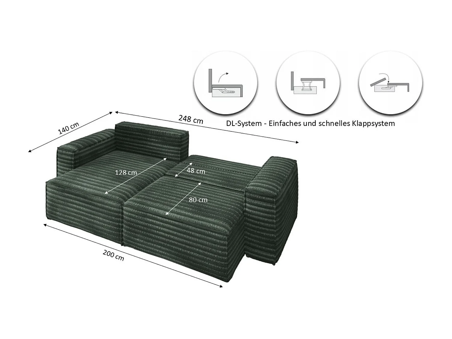 L-förmiges Bohoo-Ecksofa mit Schlaffunktion, Stoff Velo, Grün, Links