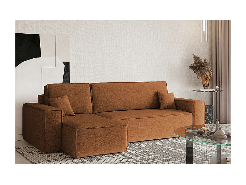 Hoekbank, L-vorm met slaapfunctie en bedkast, stof Neve, koper, links