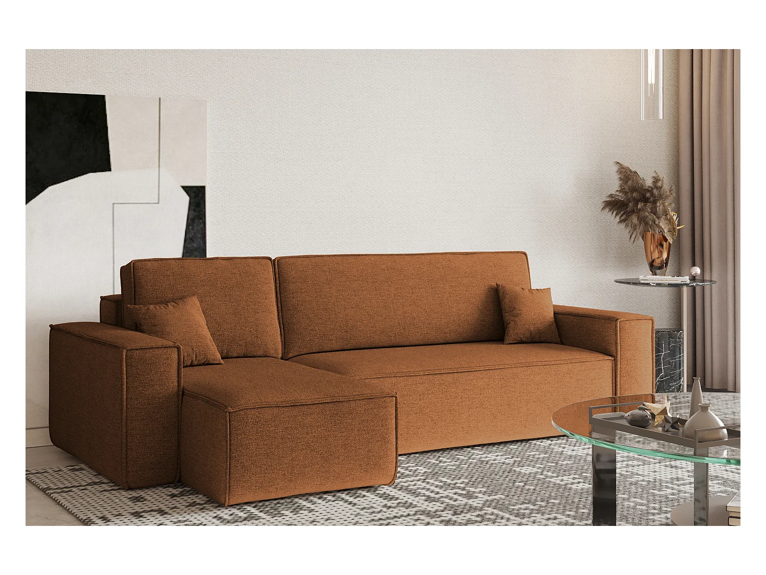 Canapé d'angle Best en L avec fonction couchage et coffre de lit, tissu Neve, cuivre, gauche