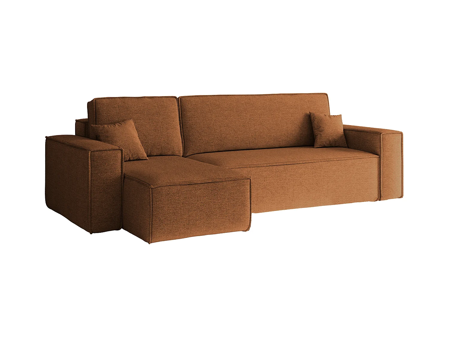 Canapé d'angle Best en L avec fonction couchage et coffre de lit, tissu Neve, cuivre, gauche