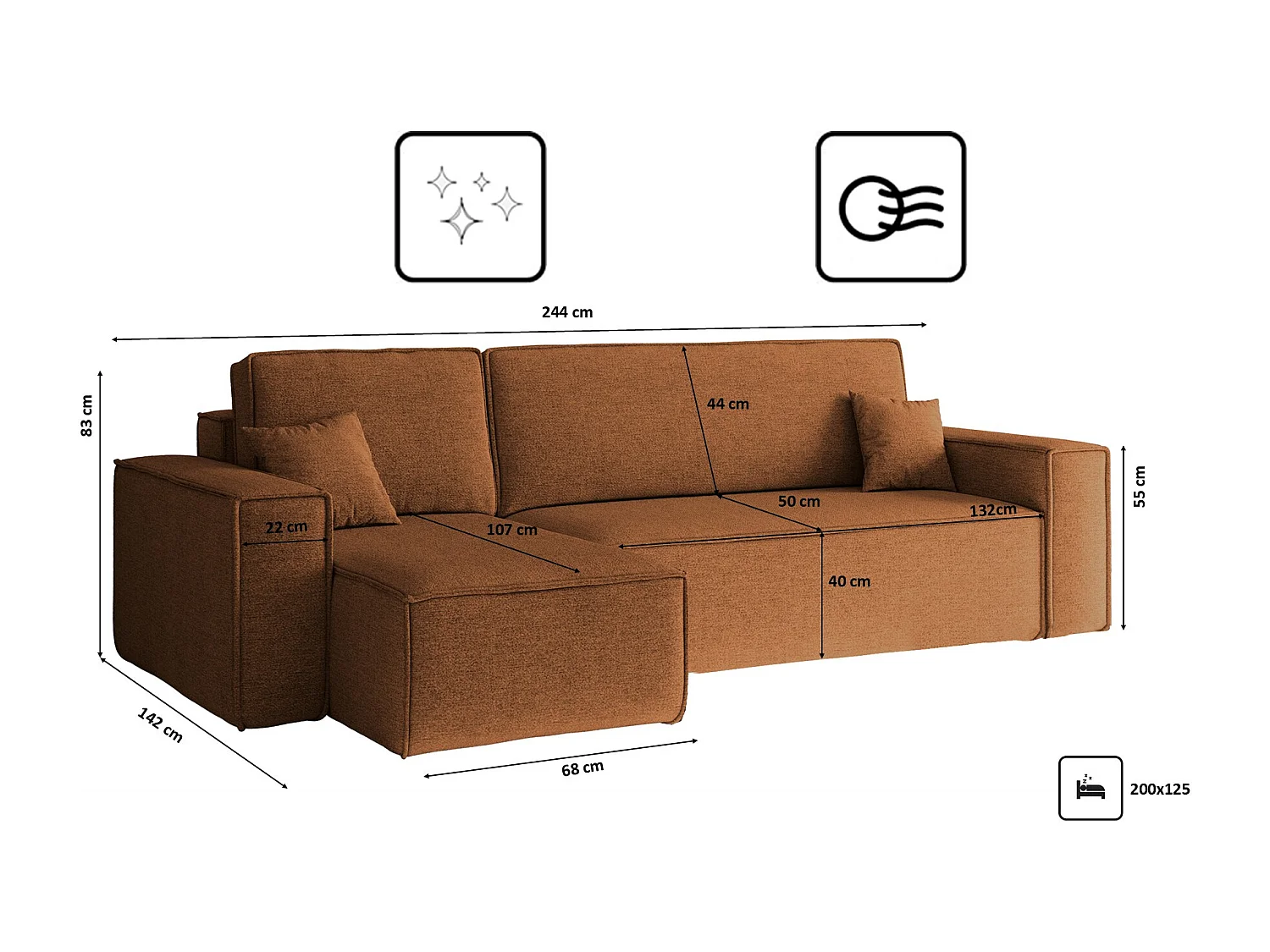 Canapé d'angle Best en L avec fonction couchage et coffre de lit, tissu Neve, cuivre, gauche