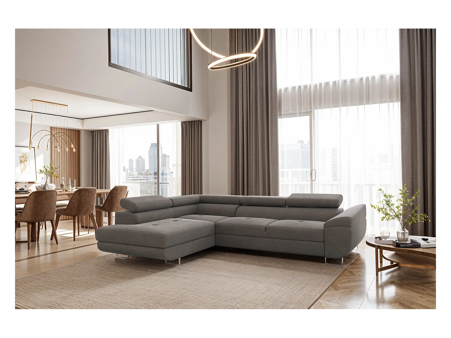 Canapé d'angle en L FALIO avec fonction couchage, tissu Noel, gris, gauche