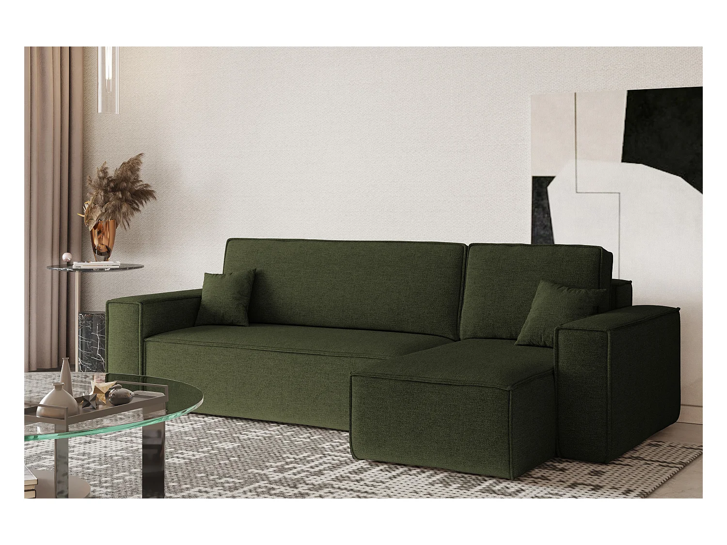 Canapé d'angle Best en L avec fonction couchage et coffre de lit, tissu Neve, olive, droit