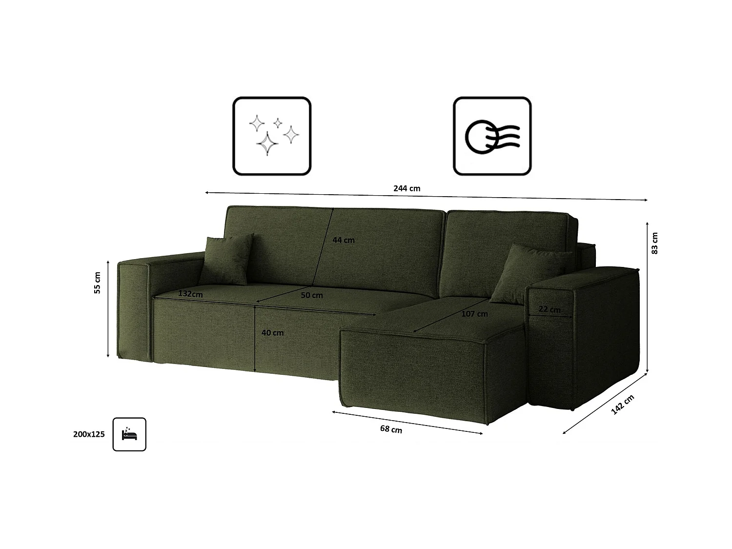 Canapé d'angle Best en L avec fonction couchage et coffre de lit, tissu Neve, olive, droit