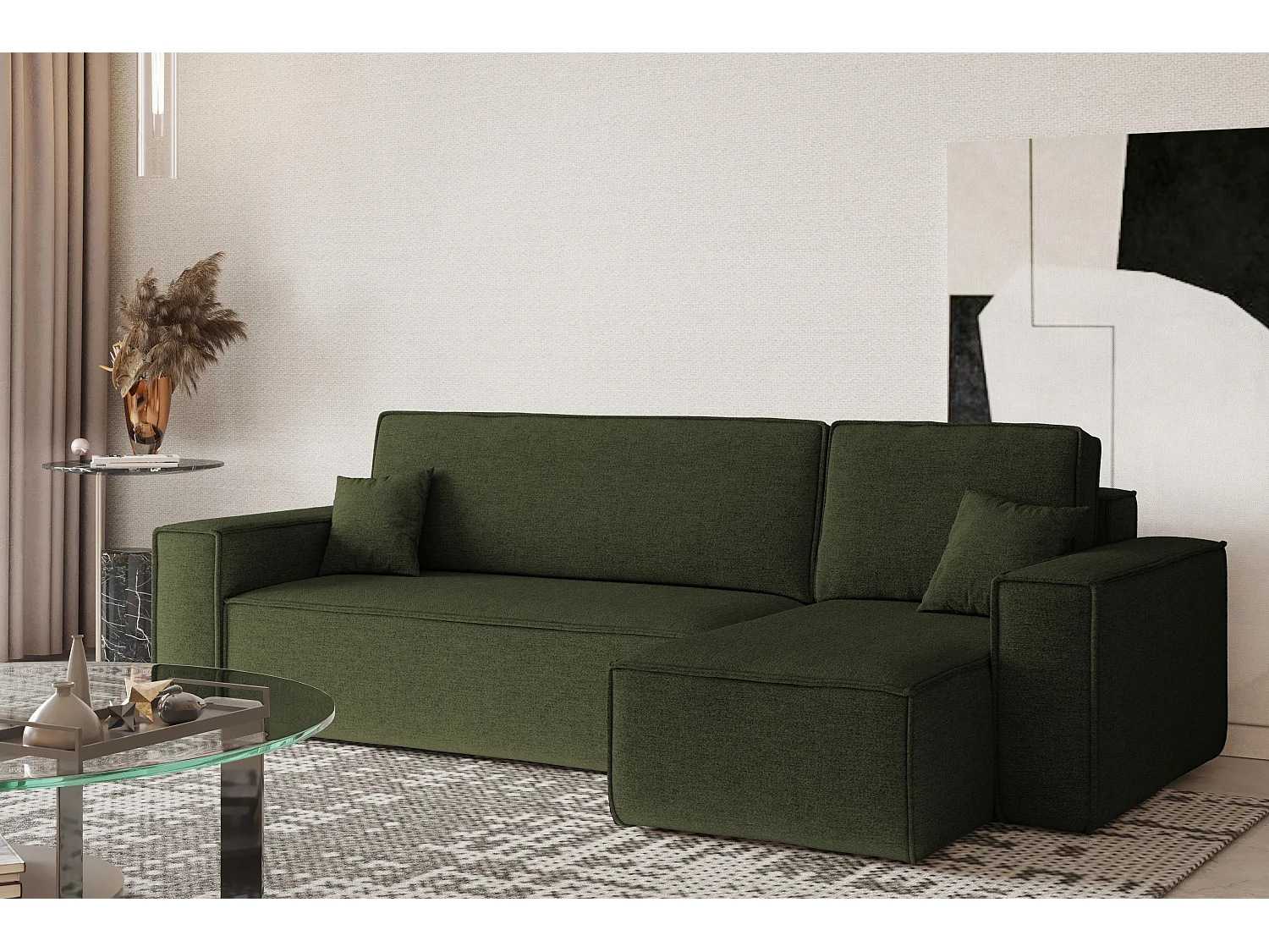 Canapé d'angle Best en L avec fonction couchage et coffre de lit, tissu Neve, olive, droit