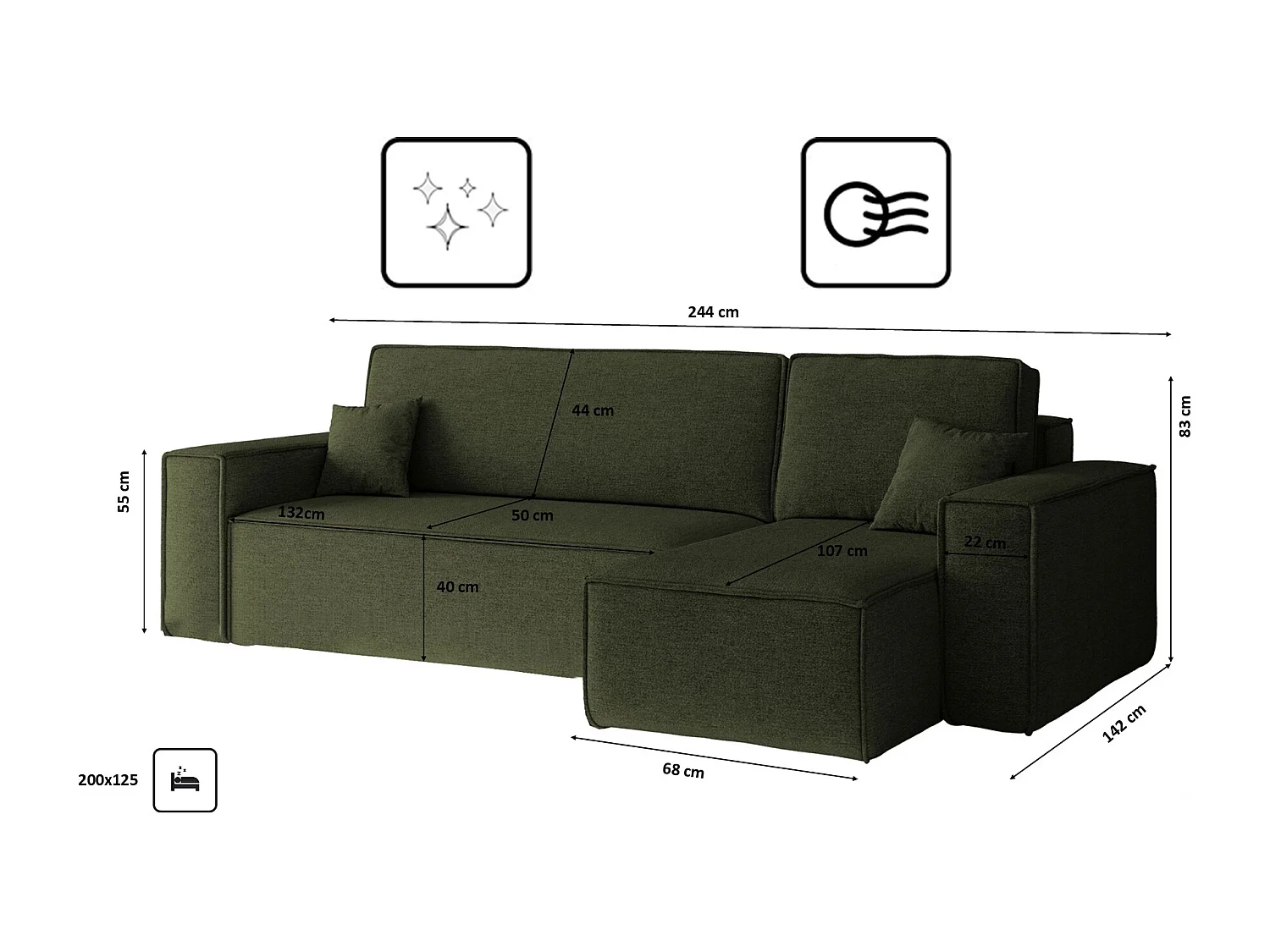 Canapé d'angle Best en L avec fonction couchage et coffre de lit, tissu Neve, olive, droit