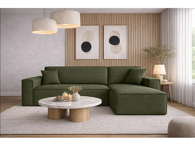 Canapé d'angle Best en L avec fonction couchage et coffre de lit, tissu Neve, olive, droit