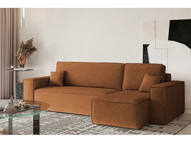 Divano angolare, Best L-shape con funzione letto e contenitore, tessuto Neve, rame, destra