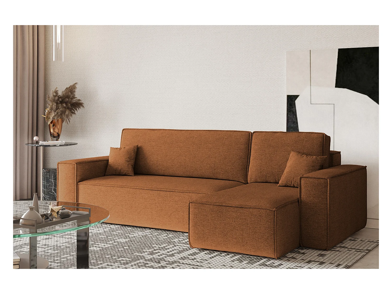 Canapé d'angle Best en L avec fonction couchage et coffre de lit, tissu Neve, cuivre, droit