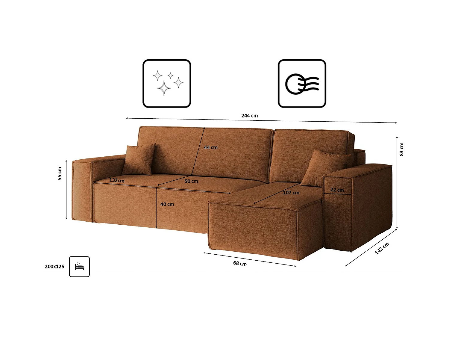 Canapé d'angle Best en L avec fonction couchage et coffre de lit, tissu Neve, cuivre, droit
