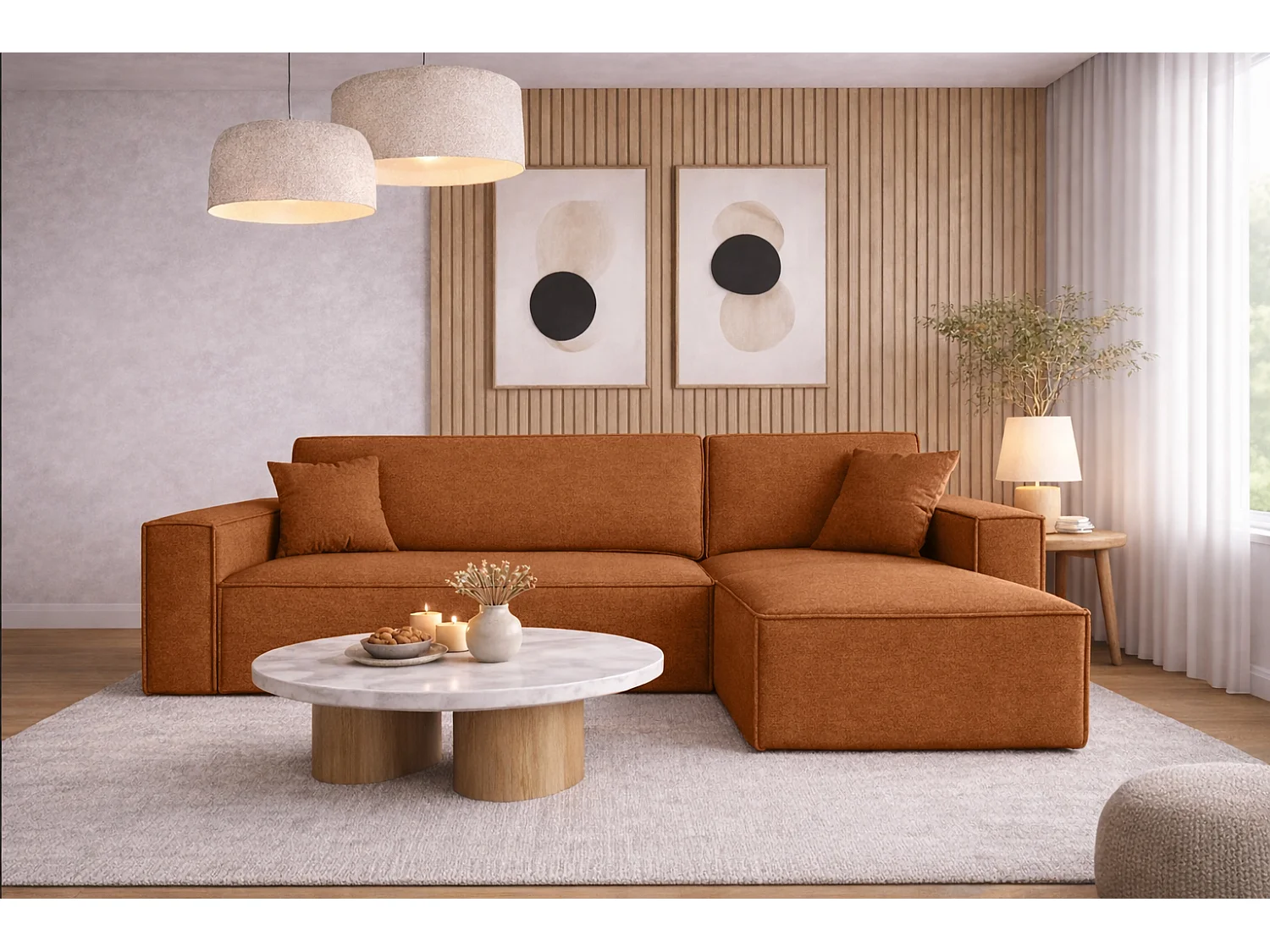 Narożnik BEST L z funkcją spania i pojemnikiem, tkanina Neve, Miedziany, Prawy