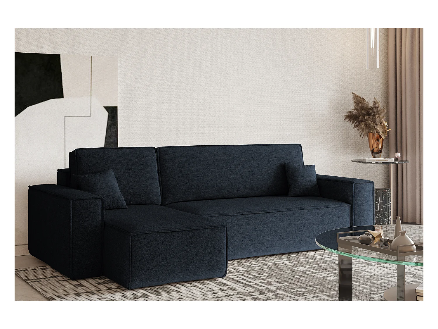 Canapé d'angle Best en L avec fonction couchage et coffre de lit, tissu Neve, bleu foncé, gauche