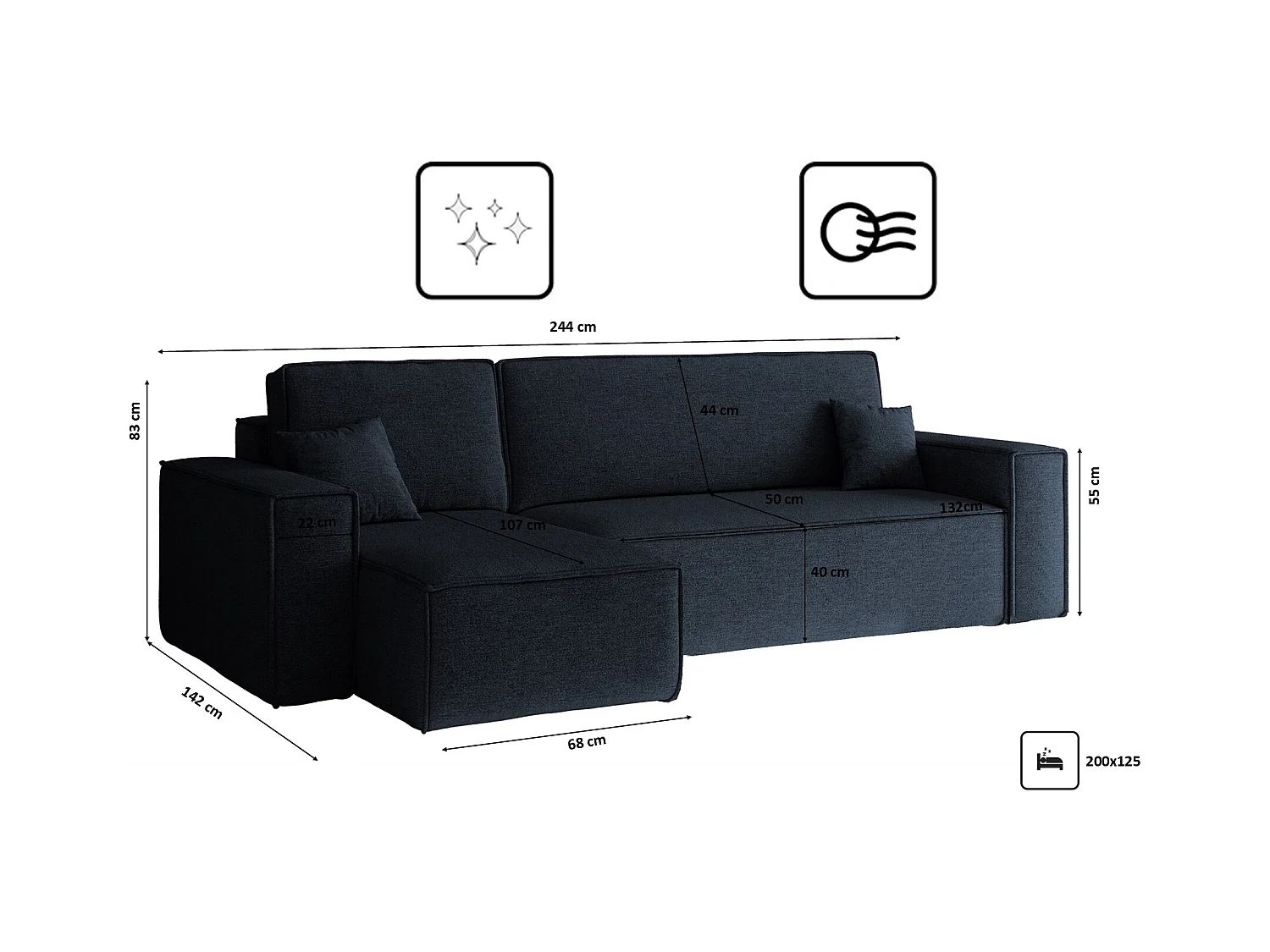 Canapé d'angle Best en L avec fonction couchage et coffre de lit, tissu Neve, bleu foncé, gauche