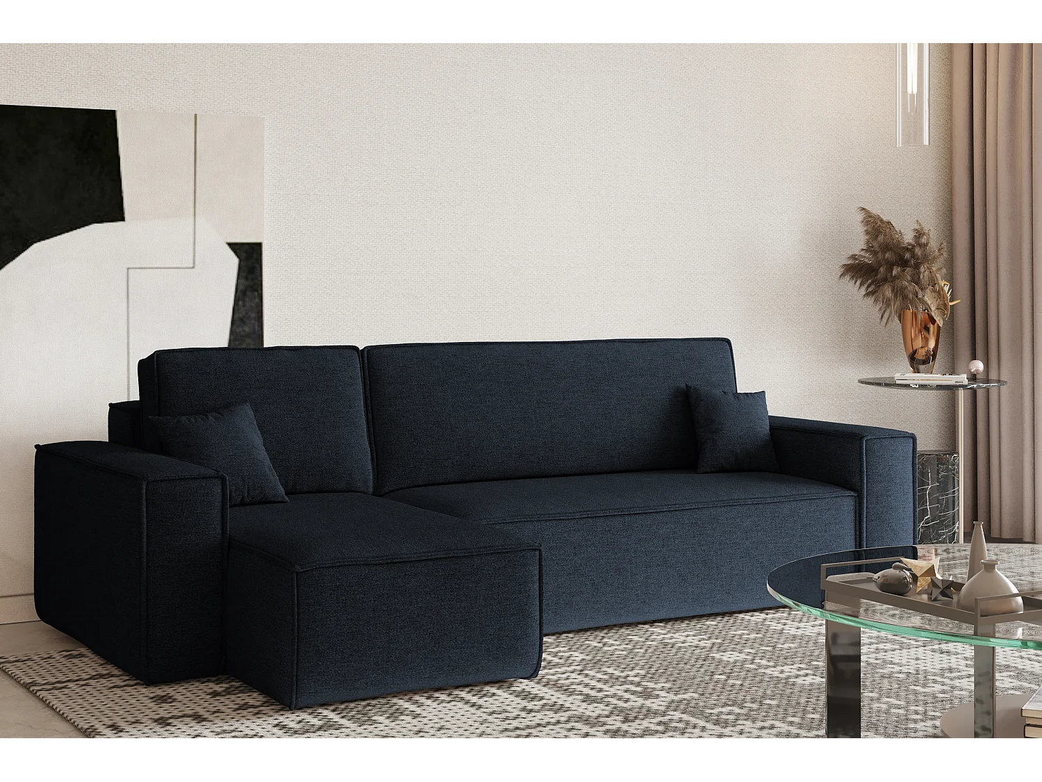 Canapé d'angle Best en L avec fonction couchage et coffre de lit, tissu Neve, bleu foncé, gauche