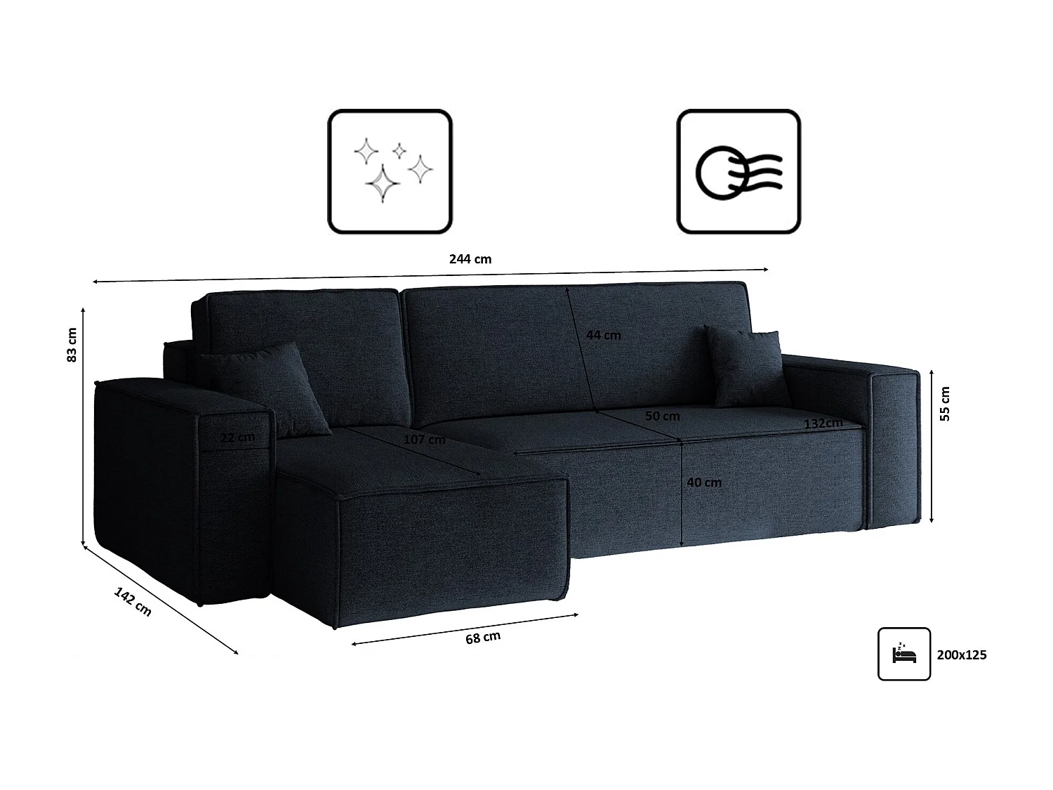 Canapé d'angle Best en L avec fonction couchage et coffre de lit, tissu Neve, bleu foncé, gauche