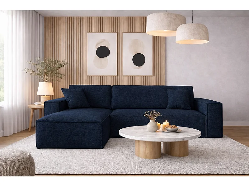 Canapé d'angle Best en L avec fonction couchage et coffre de lit, tissu Neve, bleu foncé, gauche