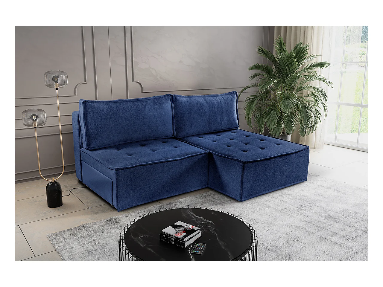 Canapé d'angle Bohoo Mini avec fonction couchage, tissu Raven, bleu, droit