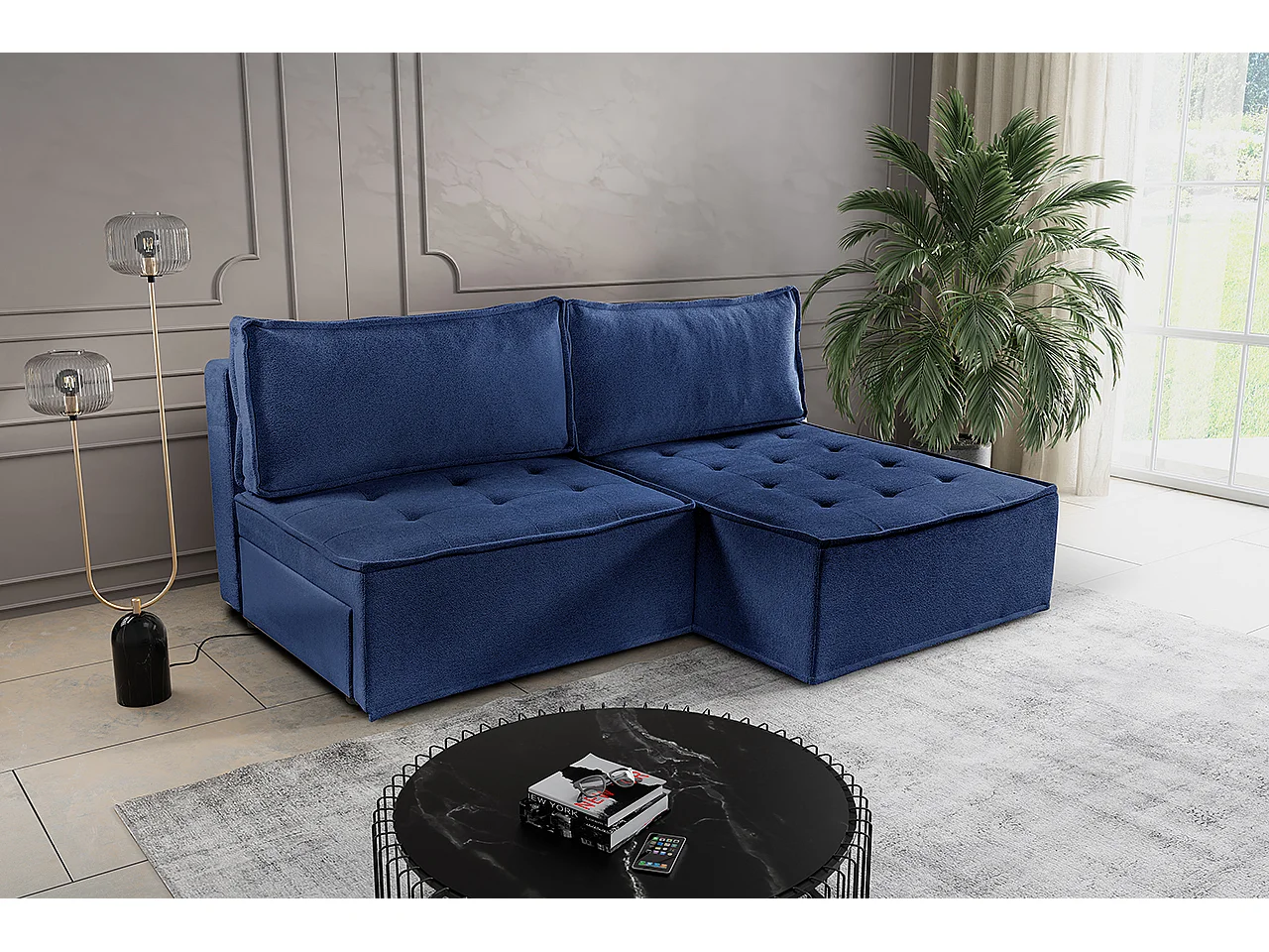 Canapé d'angle Bohoo Mini avec fonction couchage, tissu Raven, bleu, droit