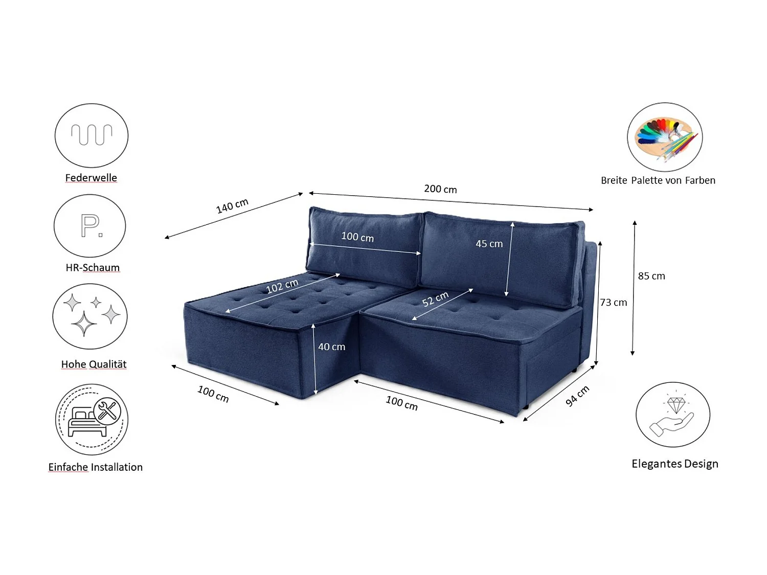 Canapé d'angle Bohoo Mini avec fonction couchage, tissu Raven, bleu, droit