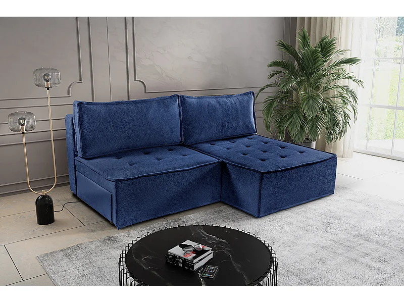 Canapé d'angle Bohoo Mini avec fonction couchage, tissu Raven, bleu, droit