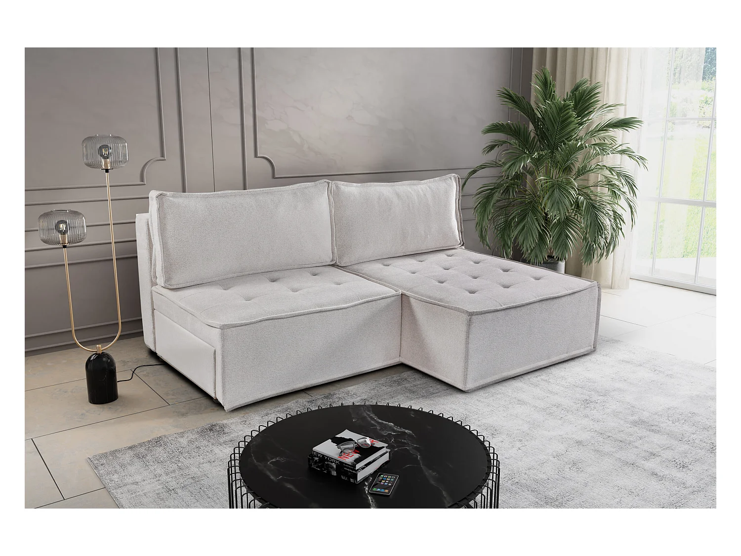 Divano angolare Bohoo Mini con funzione letto, tessuto Raven, beige chiaro, destra