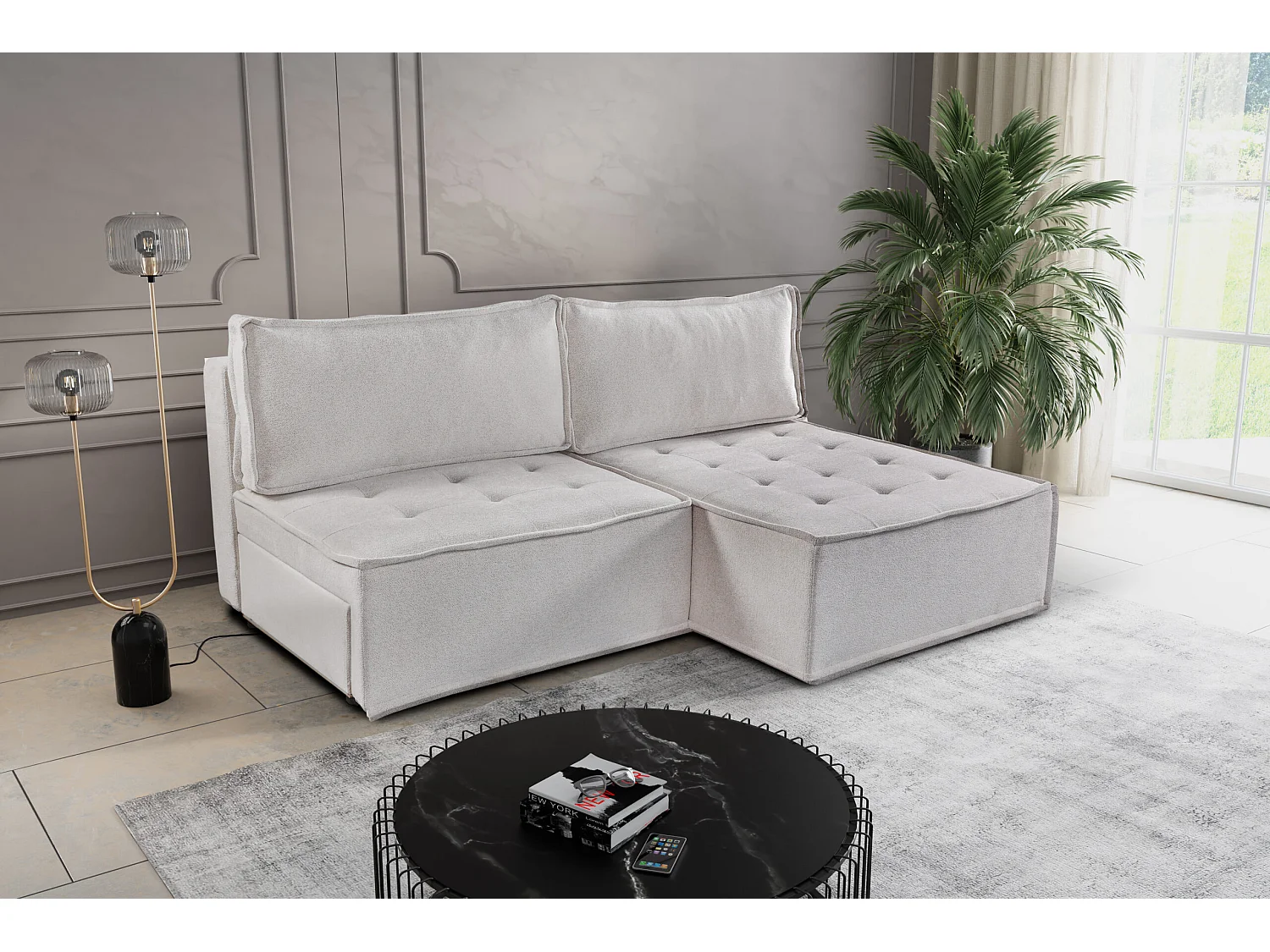 Canapé d'angle Bohoo Mini avec fonction couchage, tissu Raven, beige clair, droit