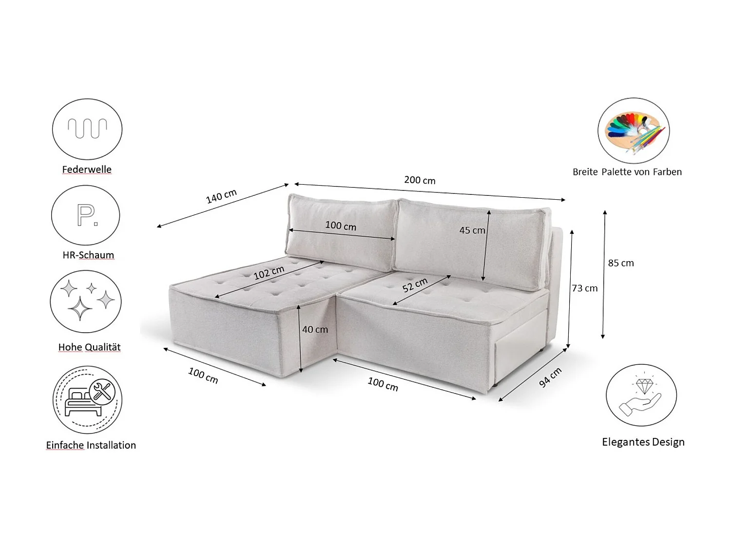 Canapé d'angle Bohoo Mini avec fonction couchage, tissu Raven, beige clair, droit