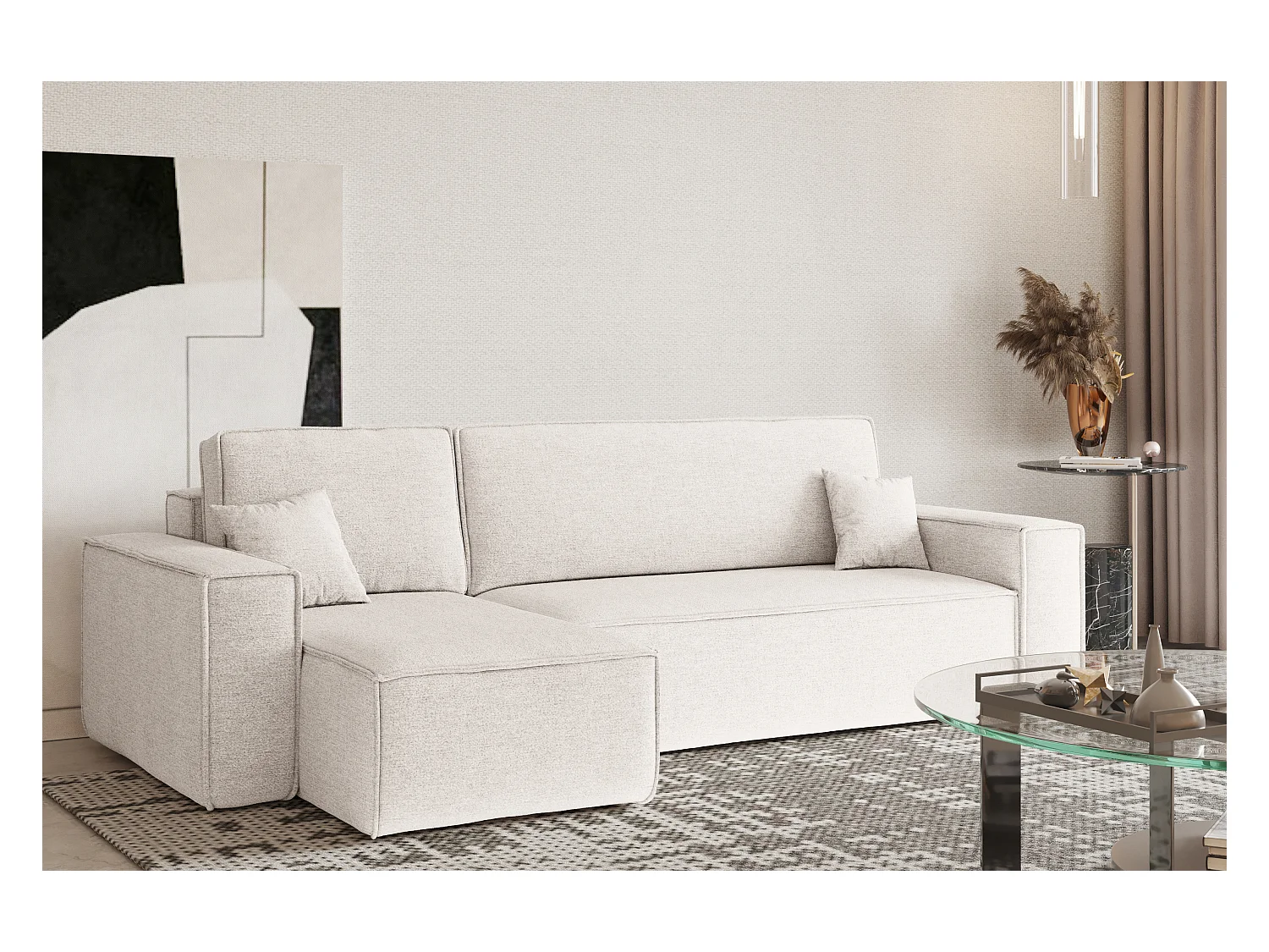 Canapé d'angle Best en L avec fonction couchage et coffre de lit, tissu Neve, écru, gauche