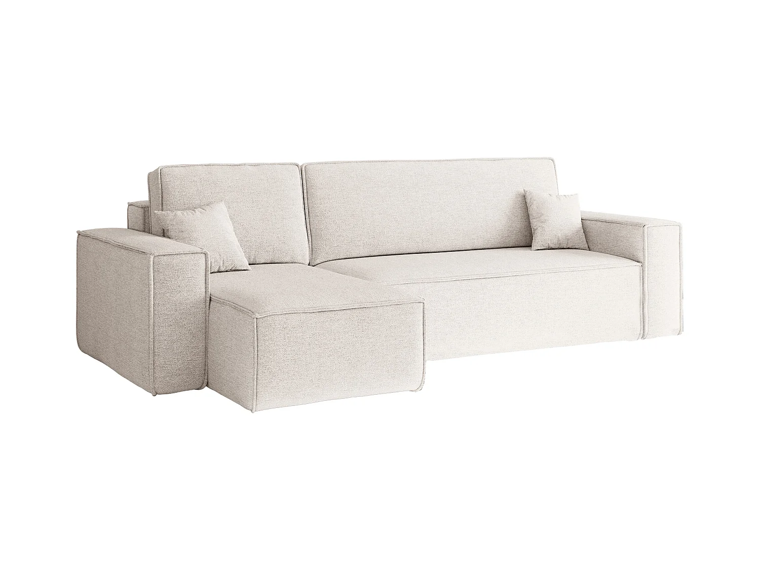 Canapé d'angle Best en L avec fonction couchage et coffre de lit, tissu Neve, écru, gauche