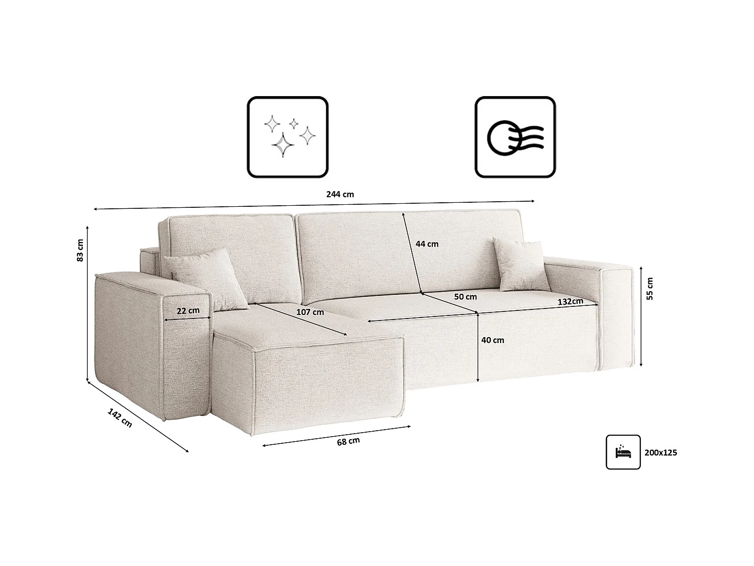 Canapé d'angle Best en L avec fonction couchage et coffre de lit, tissu Neve, écru, gauche