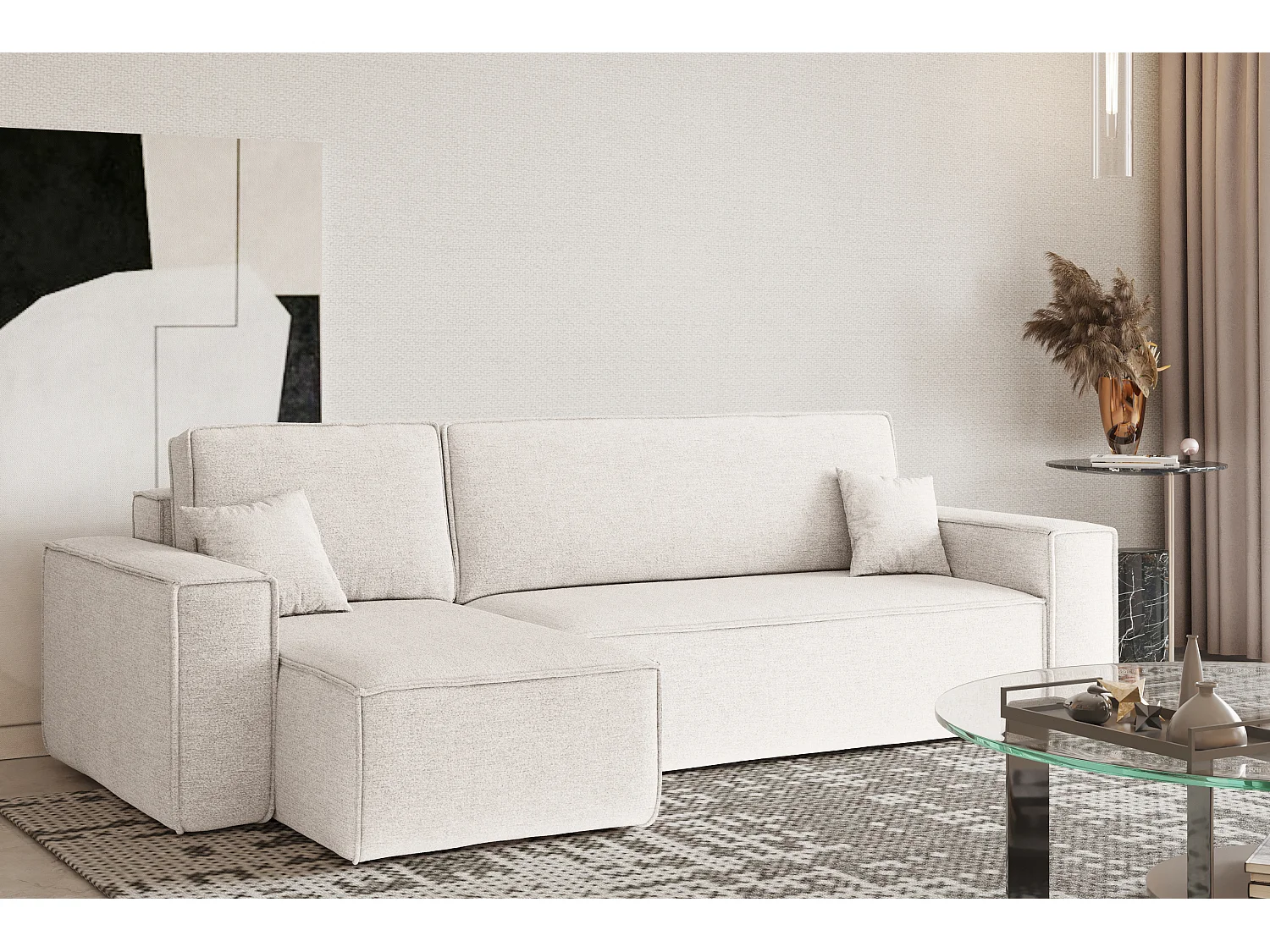 Canapé d'angle Best en L avec fonction couchage et coffre de lit, tissu Neve, écru, gauche