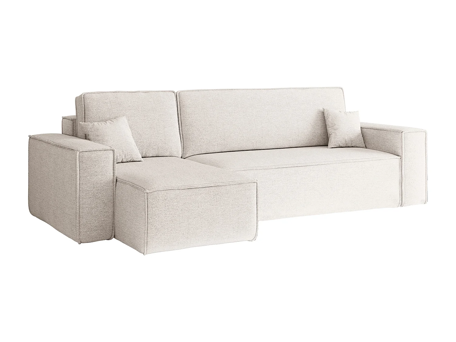 Canapé d'angle Best en L avec fonction couchage et coffre de lit, tissu Neve, écru, gauche