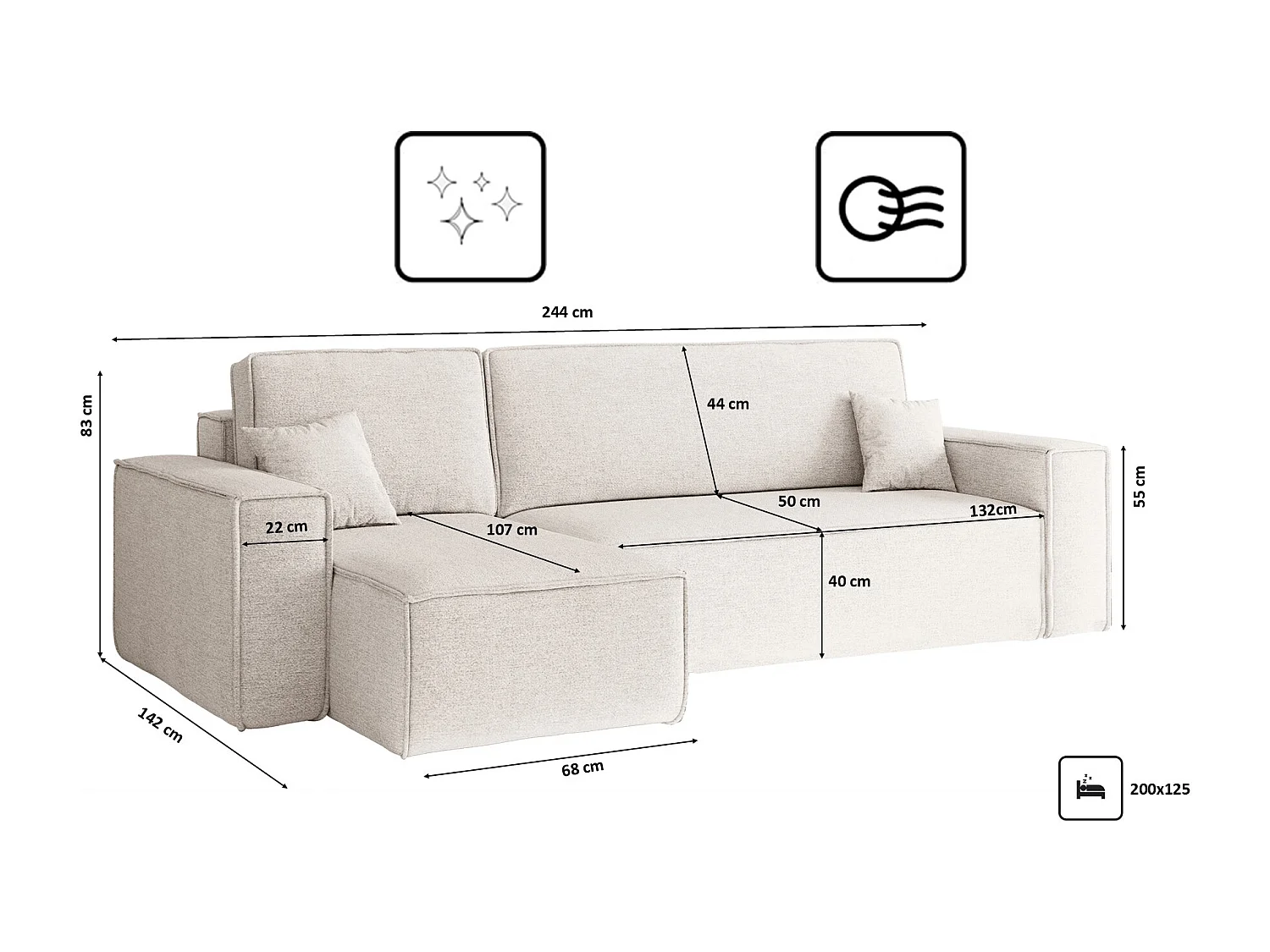 Canapé d'angle Best en L avec fonction couchage et coffre de lit, tissu Neve, écru, gauche