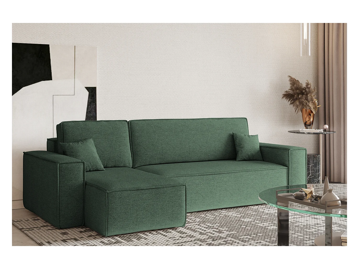 Canapé d'angle Best en L avec fonction couchage et coffre de lit, tissu Neve, vert, gauche