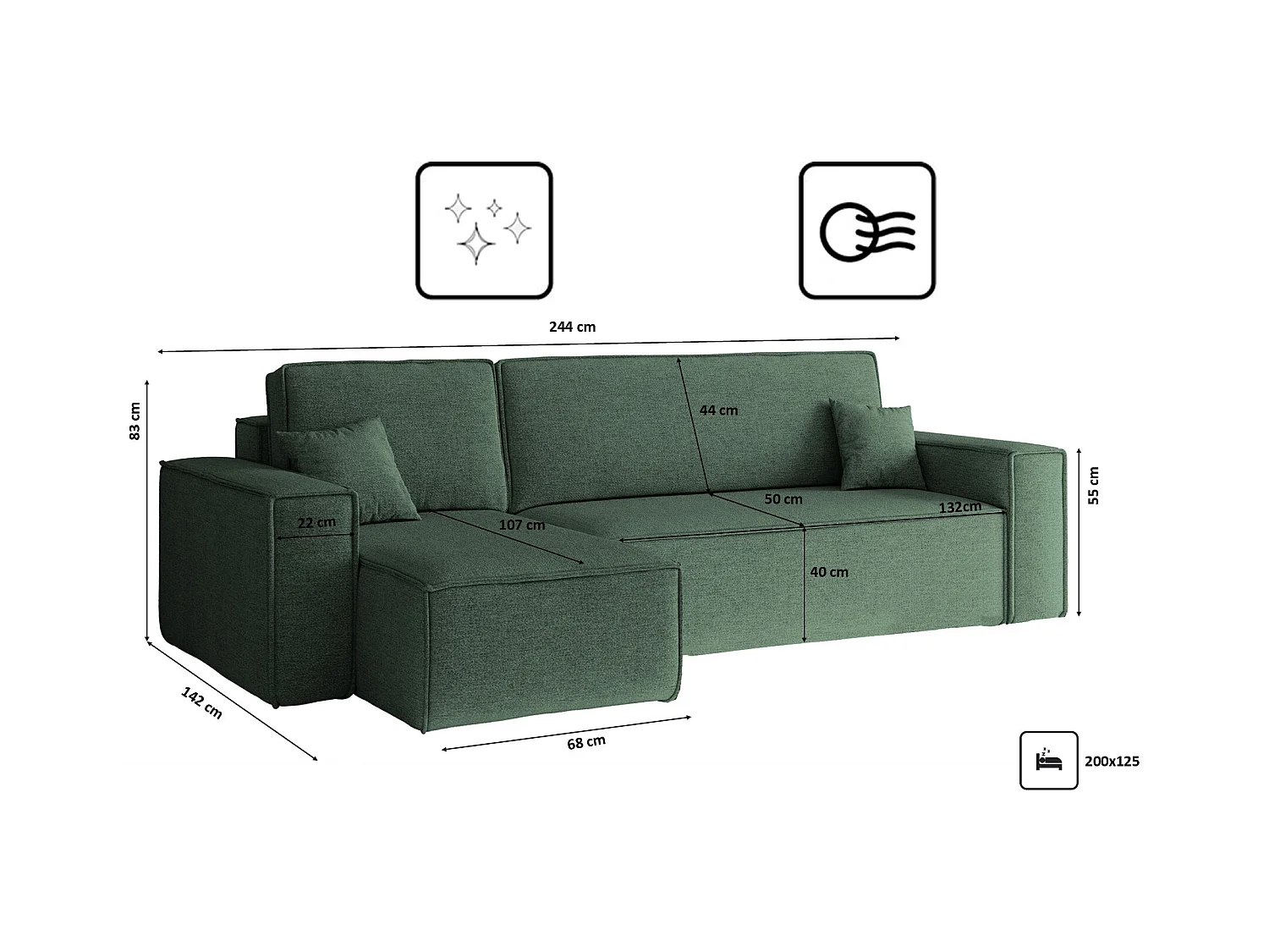 Canapé d'angle Best en L avec fonction couchage et coffre de lit, tissu Neve, vert, gauche