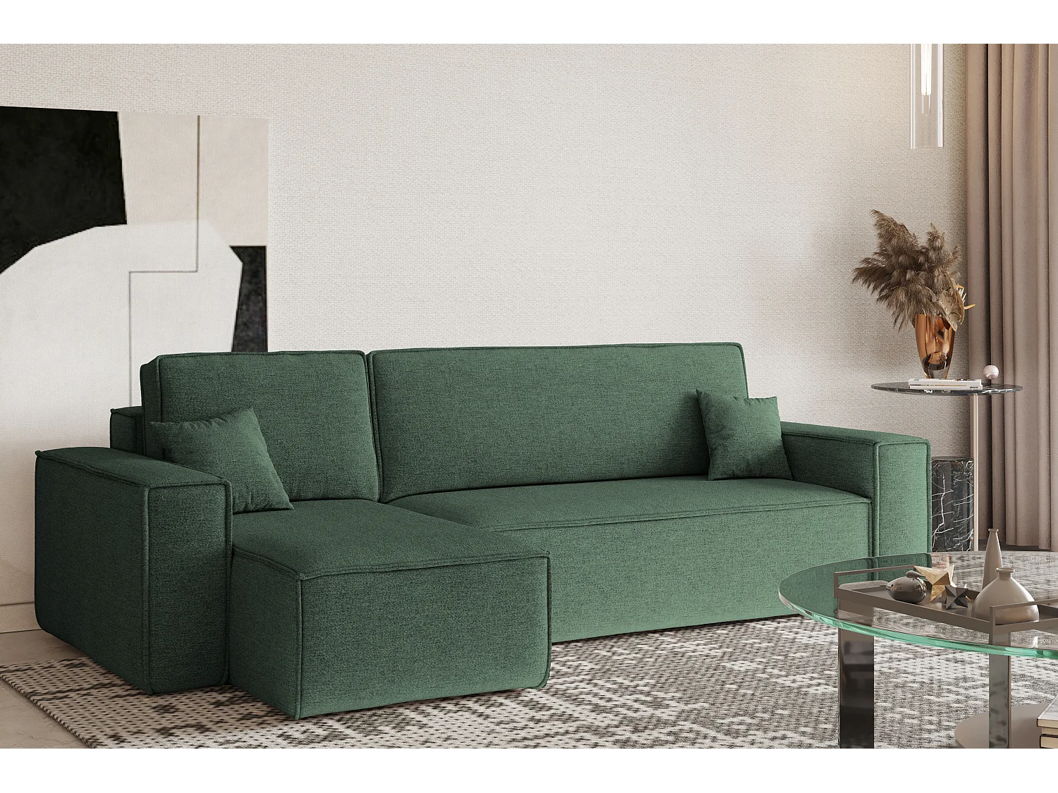 Canapé d'angle Best en L avec fonction couchage et coffre de lit, tissu Neve, vert, gauche