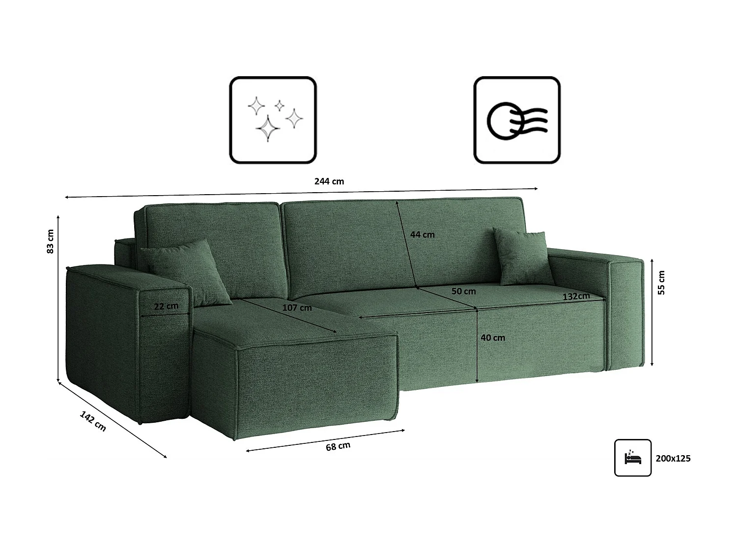 Canapé d'angle Best en L avec fonction couchage et coffre de lit, tissu Neve, vert, gauche