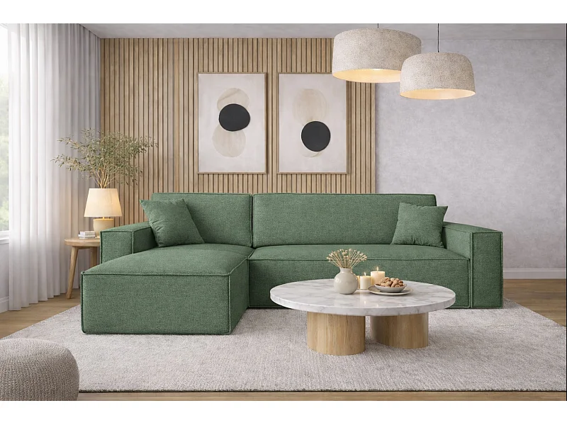 Canapé d'angle Best en L avec fonction couchage et coffre de lit, tissu Neve, vert, gauche