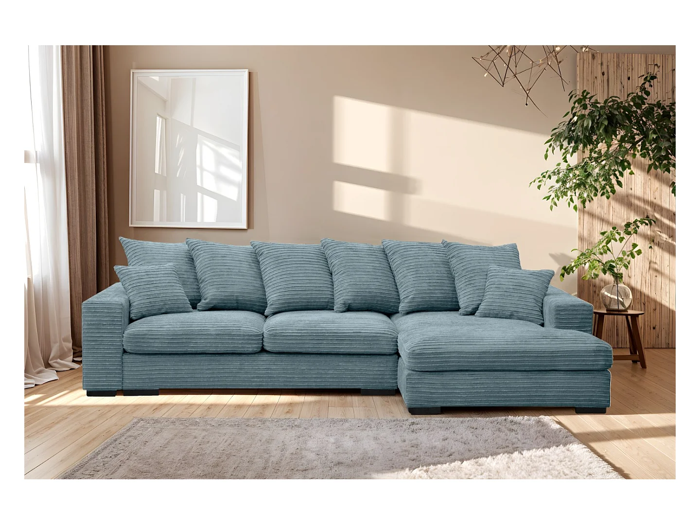 Canapé d'angle avec fonction couchage et coffre de lit, Canapé forme L, Canapé forme L tissu Gabon Zoom Bleu Clair Droite