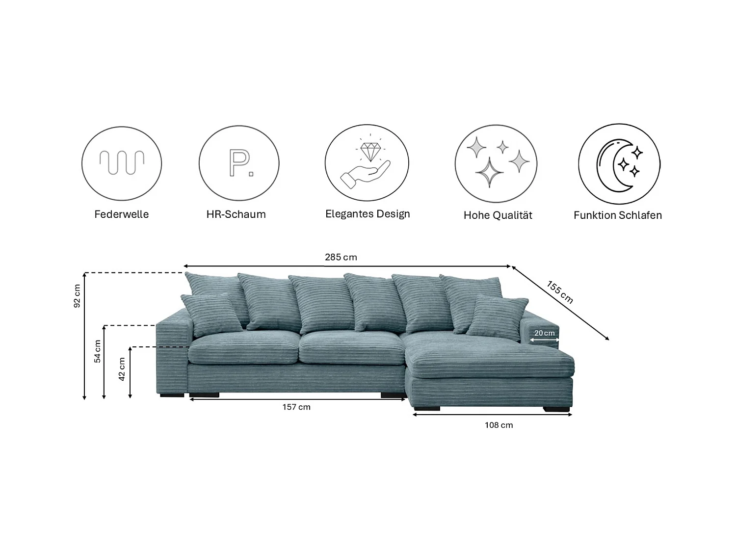 Canapé d'angle avec fonction couchage et coffre de lit, Canapé forme L, Canapé forme L tissu Gabon Zoom Bleu Clair Droite