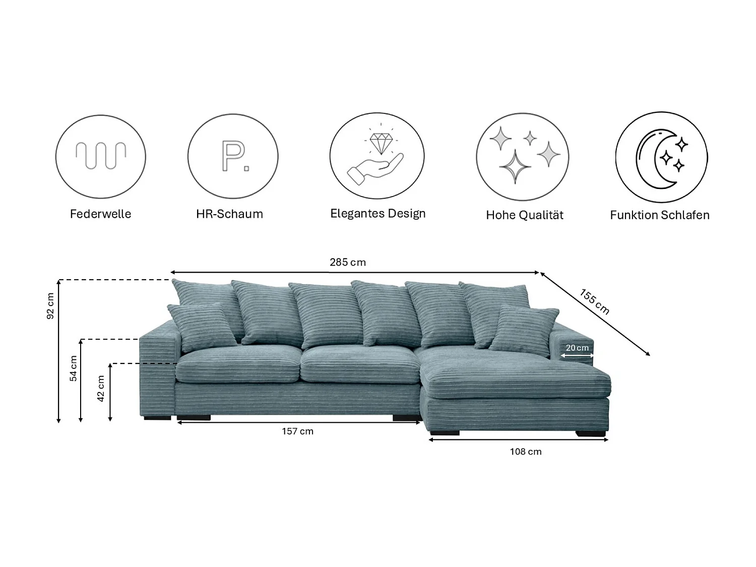 Canapé d'angle avec fonction couchage et coffre de lit, Canapé forme L, Canapé forme L tissu Gabon Zoom Bleu Clair Droite