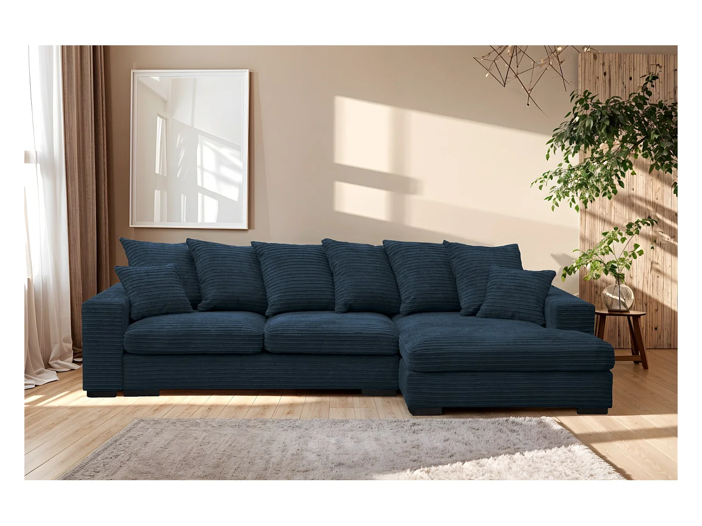 Canapé d'angle avec fonction couchage et coffre de lit, Canapé forme L, Canapé forme L tissu Gabon Zoom Bleu Droite