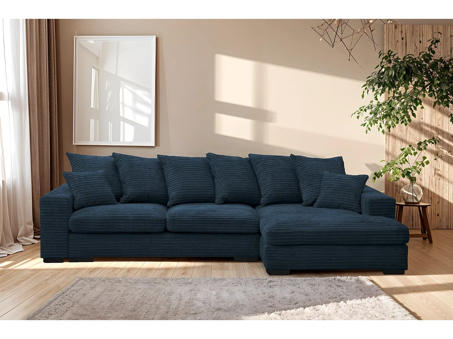 Canapé d'angle avec fonction couchage et coffre de lit, Canapé forme L, Canapé forme L tissu Gabon Zoom Bleu Droite