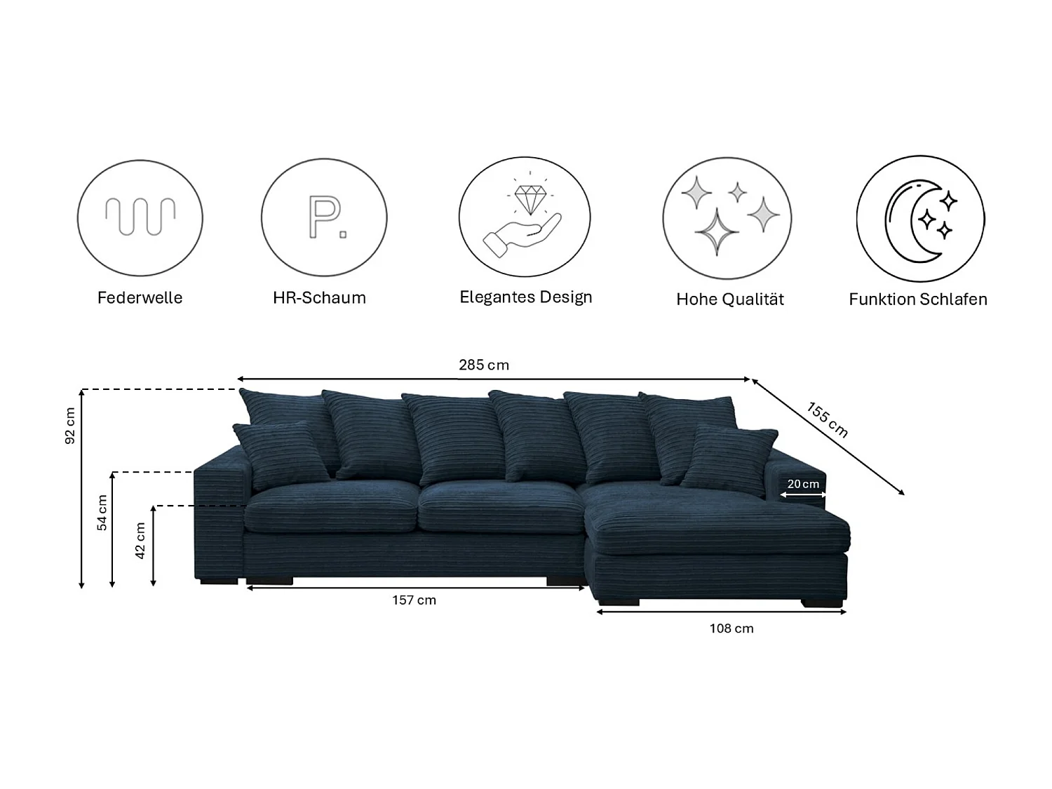 Canapé d'angle avec fonction couchage et coffre de lit, Canapé forme L, Canapé forme L tissu Gabon Zoom Bleu Droite