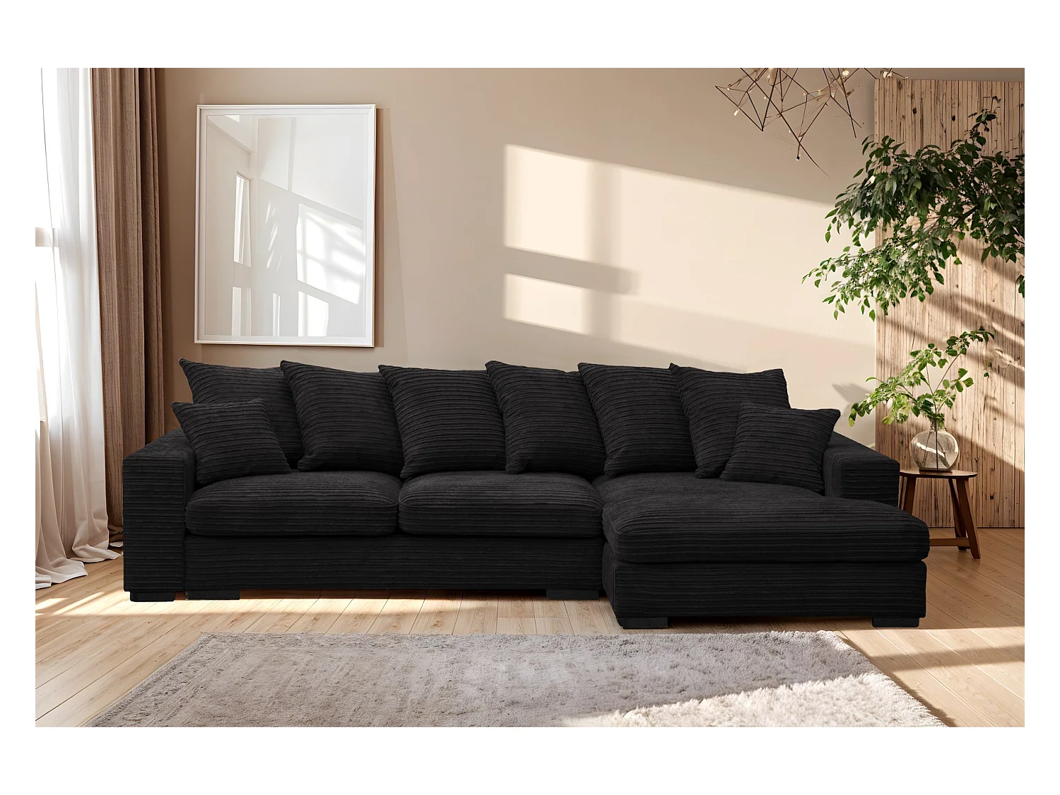 Canapé d'angle avec fonction couchage et coffre de lit, Canapé forme L, Canapé forme L tissu Gabon Zoom Noir Droite