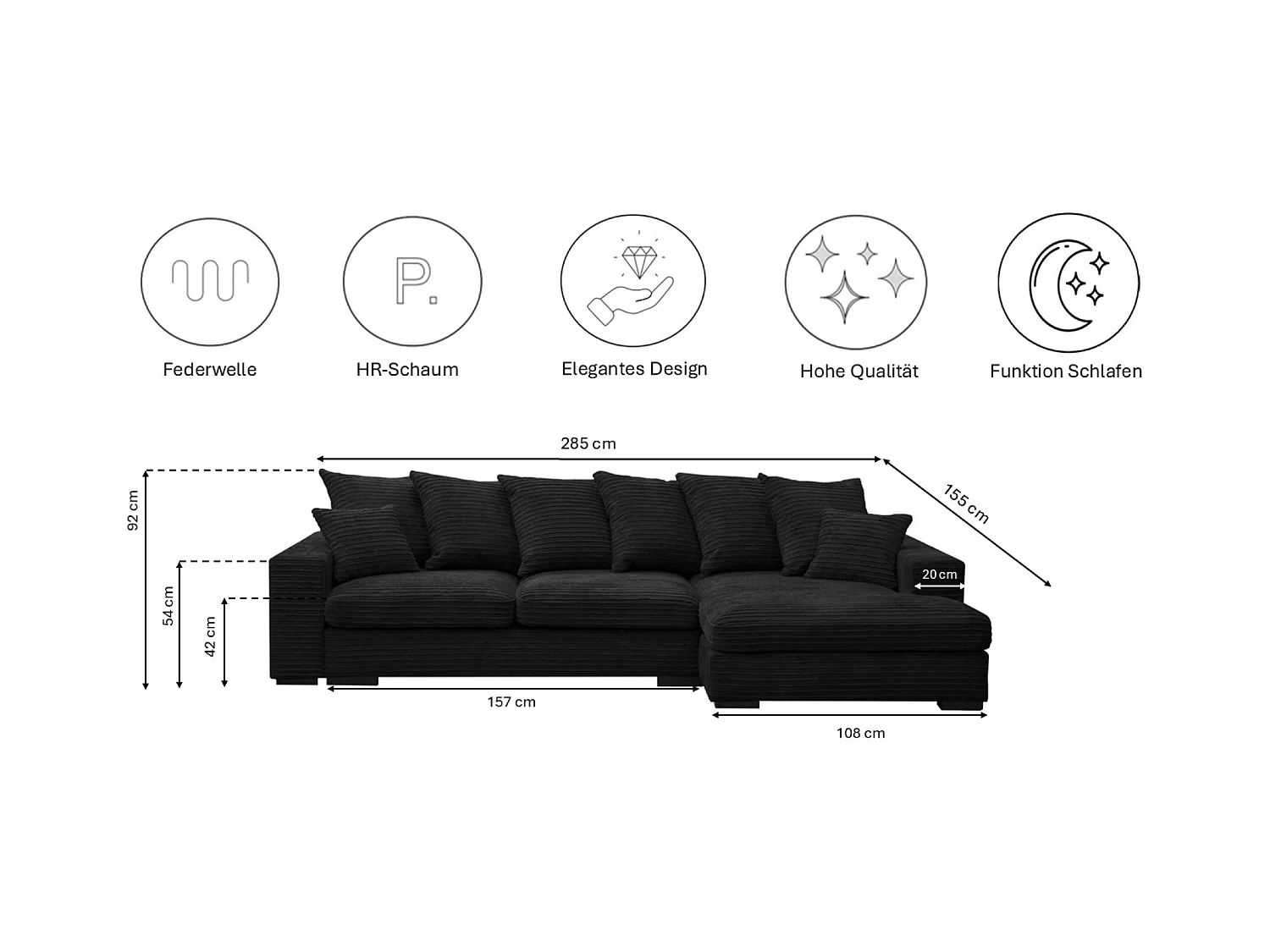 Canapé d'angle avec fonction couchage et coffre de lit, Canapé forme L, Canapé forme L tissu Gabon Zoom Noir Droite