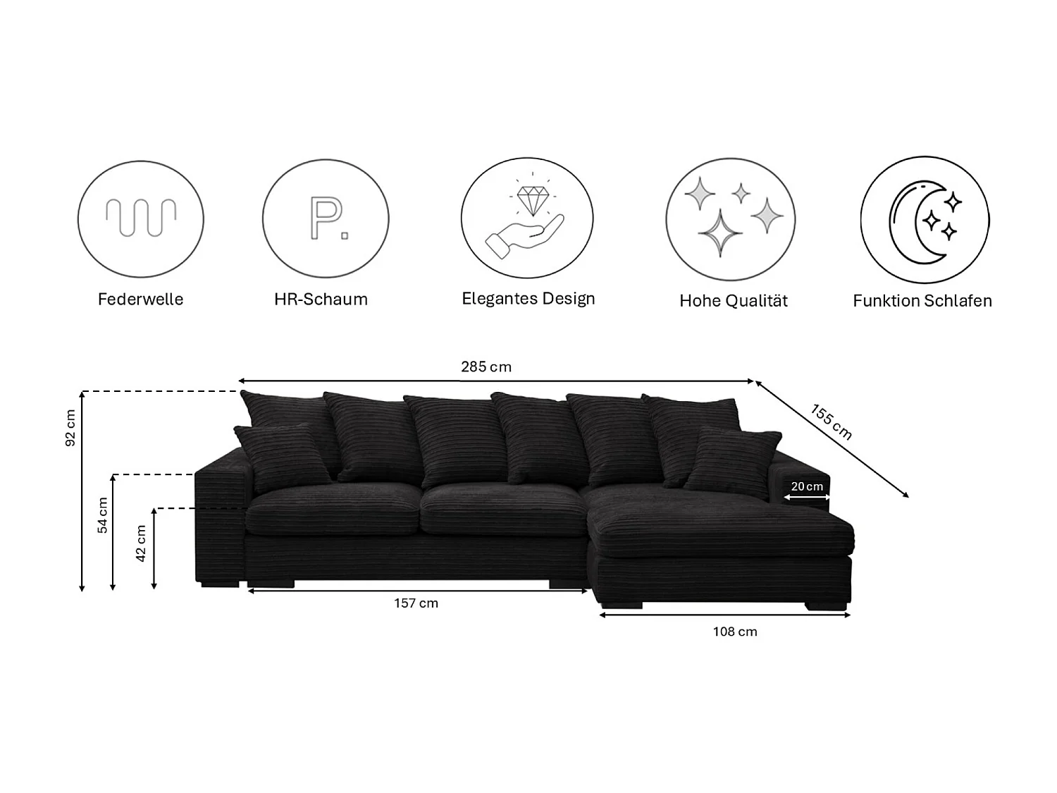 Canapé d'angle avec fonction couchage et coffre de lit, Canapé forme L, Canapé forme L tissu Gabon Zoom Noir Droite