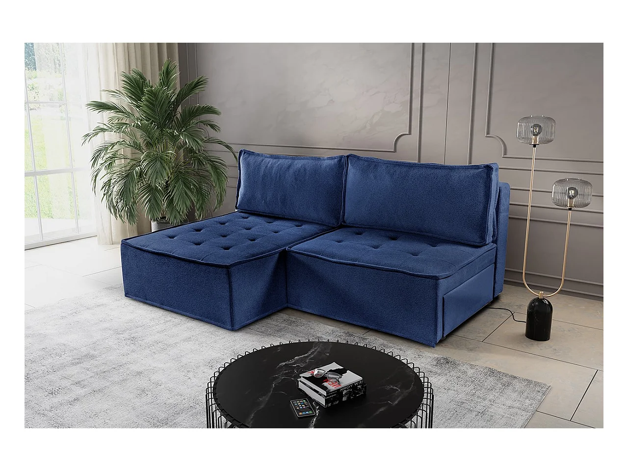 Bohoo Mini canapé d'angle avec fonction couchage, tissu Raven, bleu, gauche